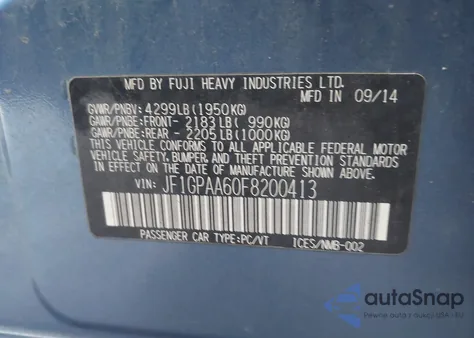 2015 Subaru Impreza 2.0I z USA, uszkodzony, nr VIN JF1GPAA60F8200413